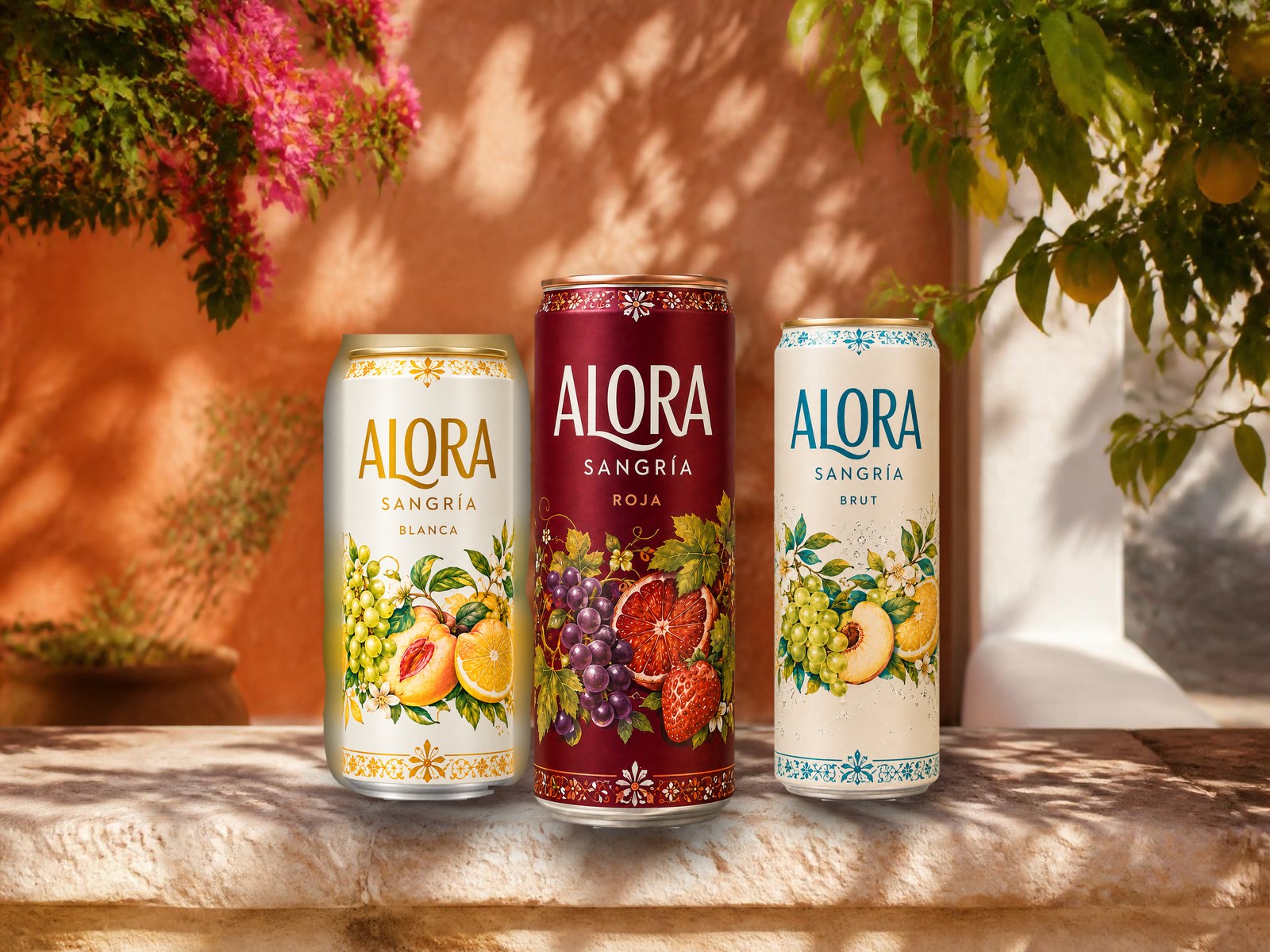 ALORA-blikjes Blanca, Roja en Brut in warm mediterraan zonlicht met vers fruit